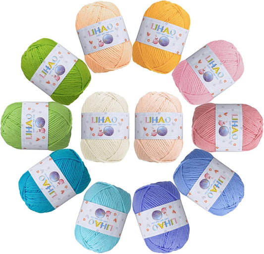 LIHAO 12 x 50g Acrylic Yarn for Knitting, Crochet Yarn Set for Crafts Multicolor Yarn Skeins, Ideal for Beginners Adults Kids Crafts