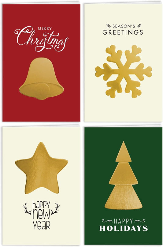 easykart labels Christmas Cards Set - 16 Foiling Holiday Cards with Envelopes – 4 Assorted Designs Boxed for Easy Storage - Bulk Greeting Cards - 4.5 x 6.75 Inch