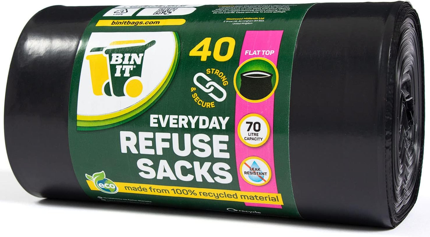 BIN IT 40x Heavy Duty 70L Bin Bags – Tear-Resistant, Flat Top, Recycled Liners