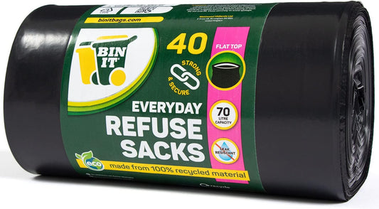 BIN IT 40x Heavy Duty 70L Bin Bags – Tear-Resistant, Flat Top, Recycled Liners