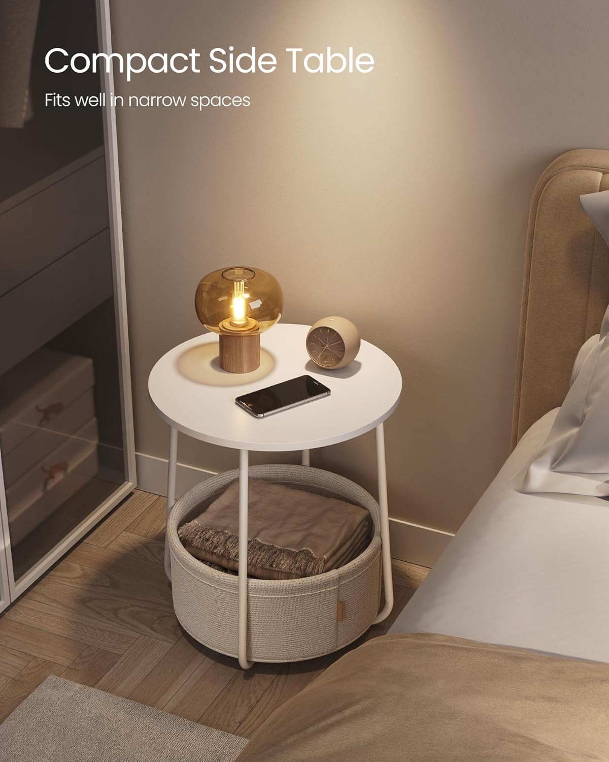 Modern Round Side Table with Storage Basket – Bedside or Living Room Use