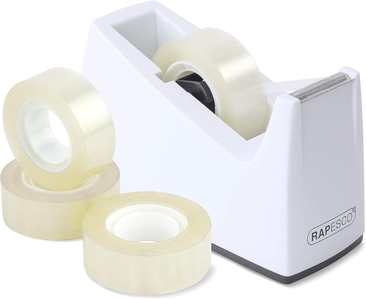 Rapesco 1620 300 Tape Dispenser for Rolls with 1" (25 mm) Core, Includes 4 Tape Rolls, White