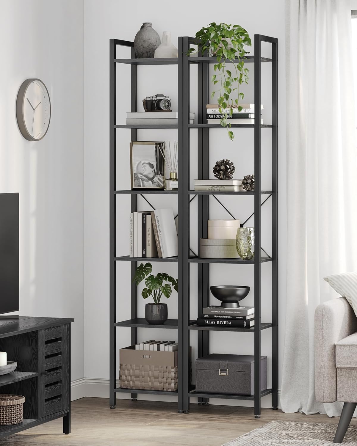 VASAGLE 6-Tier Industrial Bookshelf – Tall Ebony Black Metal Bookcase for Living Room, Office, Bedroom, Study – 30 x 40 x 187.5 cm
