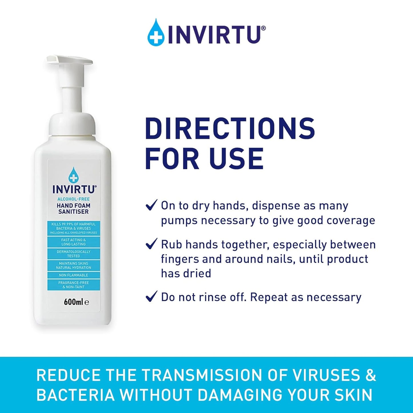 INVIRTU Alcohol Free Antibacterial Hand Sanitiser Foam (600ml) - Kills 99.9% Of Bacteria & Viruses - Large Hand Sanitiser Pump For Home & Professional Use – Non-Scented Disinfectant - Kind To Skin