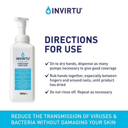 INVIRTU Alcohol Free Antibacterial Hand Sanitiser Foam (600ml) - Kills 99.9% Of Bacteria & Viruses - Large Hand Sanitiser Pump For Home & Professional Use – Non-Scented Disinfectant - Kind To Skin