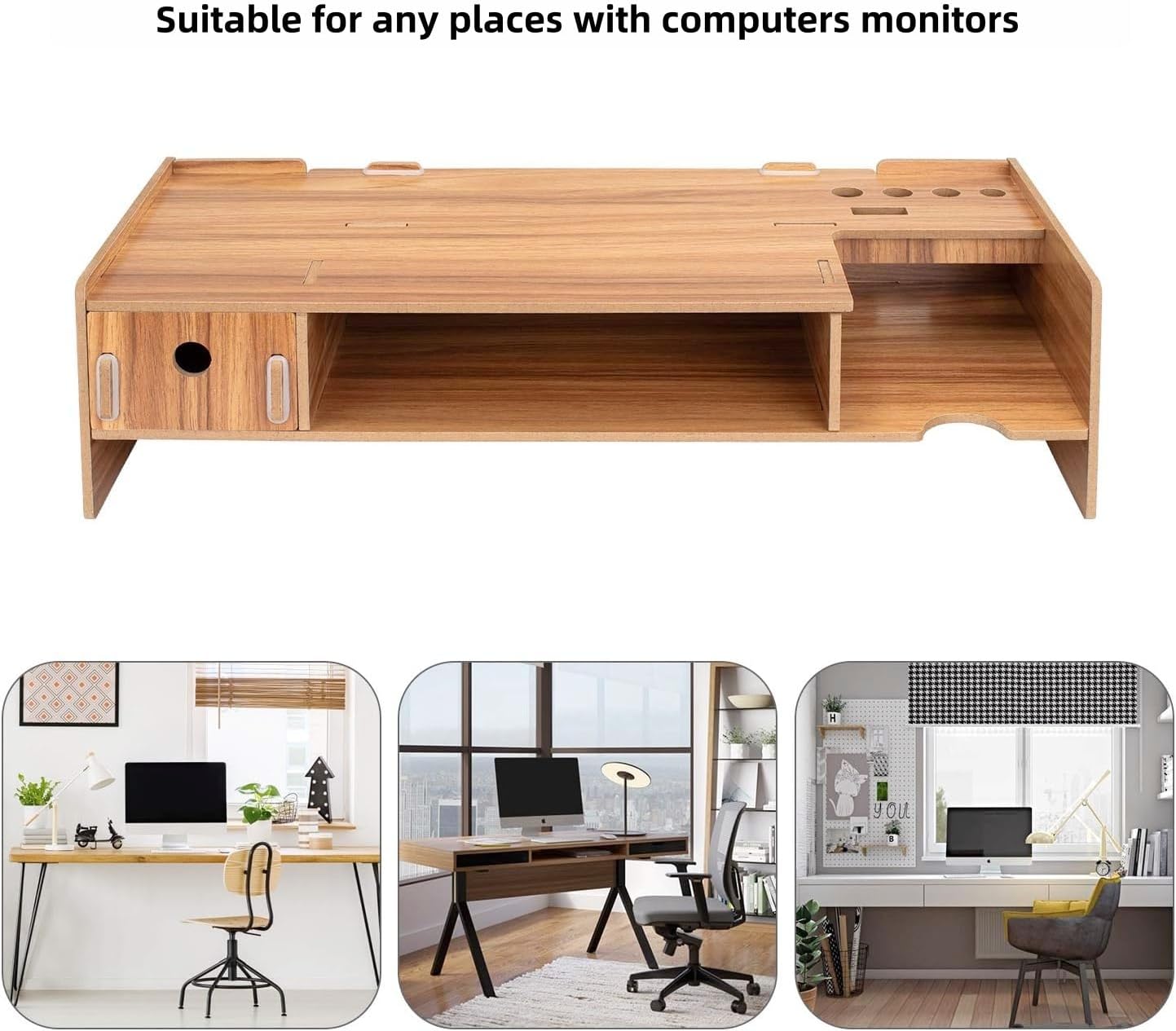 Tonsmile Wood Monitor Stand, Wooden Office Desk Desktop Storage Organiser Computer Screen Monitor Riser with Drawer (W480 x D200 x H120mm)