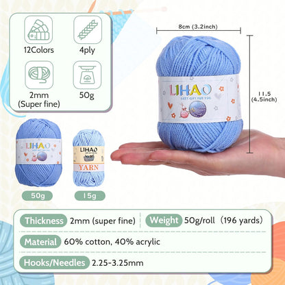 LIHAO 12 x 50g Acrylic Yarn for Knitting, Crochet Yarn Set for Crafts Multicolor Yarn Skeins, Ideal for Beginners Adults Kids Crafts