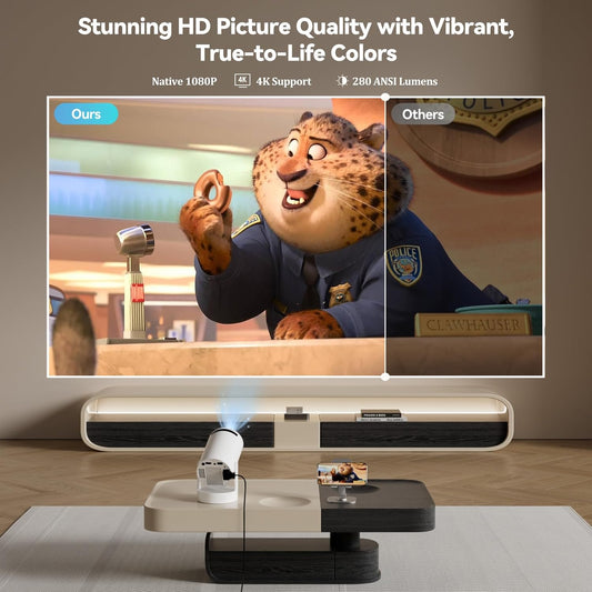 Portable Mini Projector with WiFi 6 & Bluetooth 5.0, 4K 1080P, 280 ANSI Lumens for Home & Outdoors