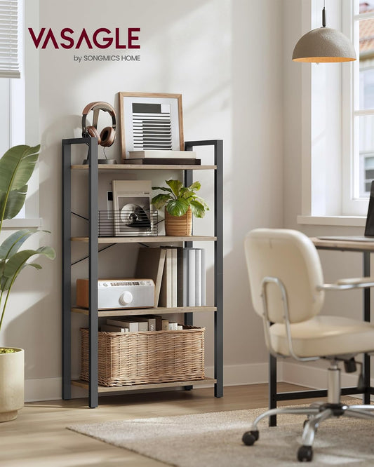 VASAGLE 4-Tier Industrial Bookshelf – Rustic Bookcase for Home & Office, Greige/Black 30 x 66 x 120 cm