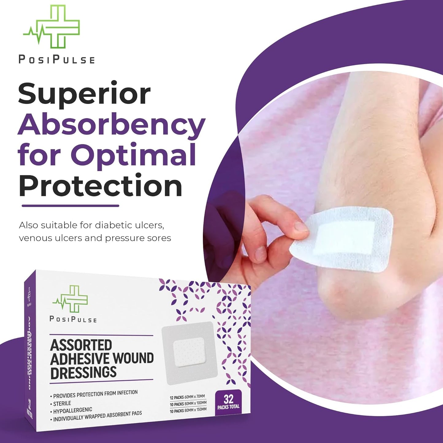 Posi Pulse Assorted Adhesive Wound Dressings - 32 Packs for Protection from Infection, Sterile Individually Wrapped, Hypoallergenic, Breathable, Absorbent for Cuts, Grazes, Ulcers, Sores