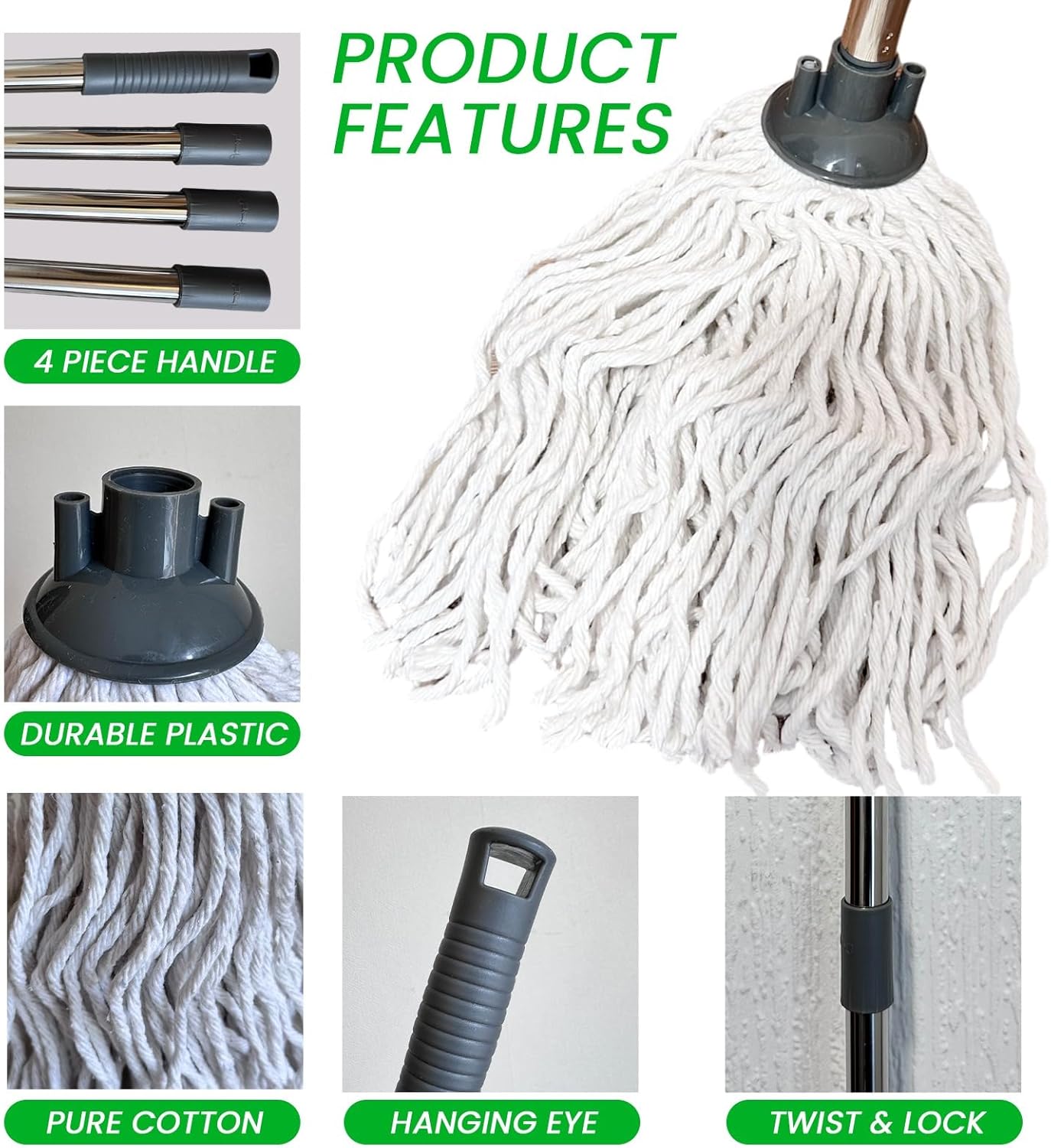 LSC Cotton Floor Mops Looped String Mop with 120cm Long Stainless Steel Handle Extra Replacement Mop Head Scratch-Free Absorbent Classic for Tile Wood Floor Kitchen Bathroom