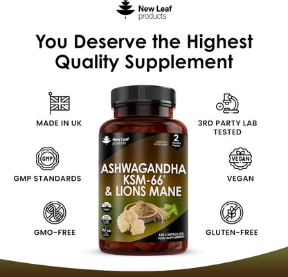 Ashwagandha KSM-66 & Lion’s Mane 2000mg – 120 Vegan Capsules with Black Pepper