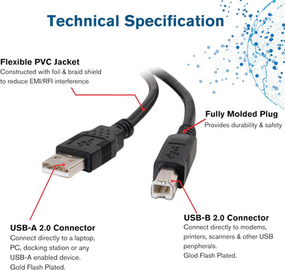 C2G 5M USB 2.0 Printer Cable A to B – Compatible with HP, Epson, Canon, Brother