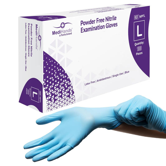 MediHands Blue Nitrile Gloves Large – Heavy Duty, Powder-Free, Latex-Free, 100-Pack