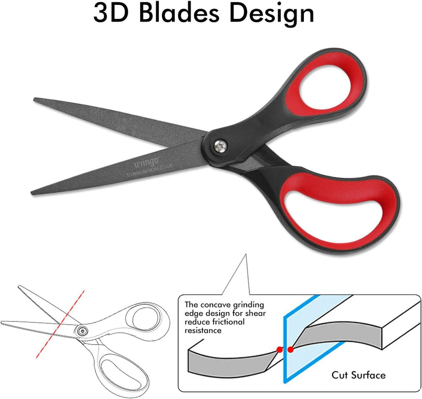 LIVINGO 2 Pack 8" Titanium Non-Stick Scissors, Professional Stainless Steel Comfort Grip, All-Purpose, Straight Office Stationery Craft Paper Fabric Household Sharp Shears Set for DIY(Red/Black)