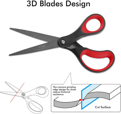 LIVINGO 2 Pack 8" Titanium Non-Stick Scissors, Professional Stainless Steel Comfort Grip, All-Purpose, Straight Office Stationery Craft Paper Fabric Household Sharp Shears Set for DIY(Red/Black)
