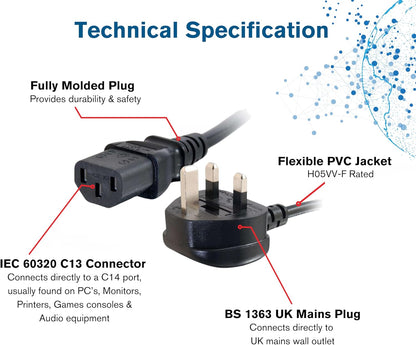 C2G 1M UK Power Cable – IEC C13 to BS1363 Kettle Lead Cord – 3ft, Black