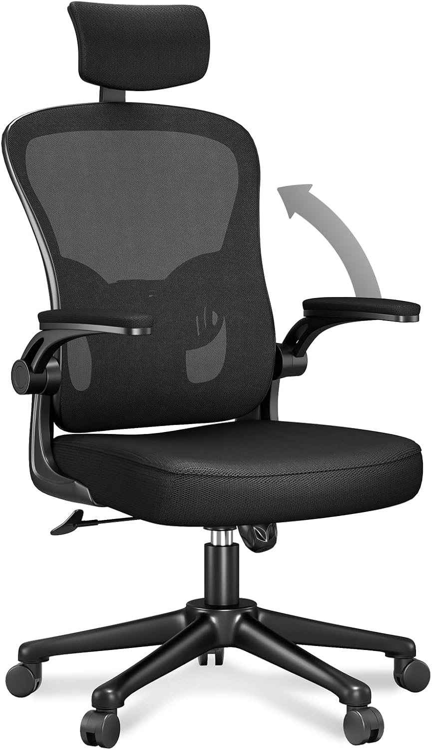 Ergonomic High Back Office Chair with Lumbar Support & Flip-Up Arms for Home Desk