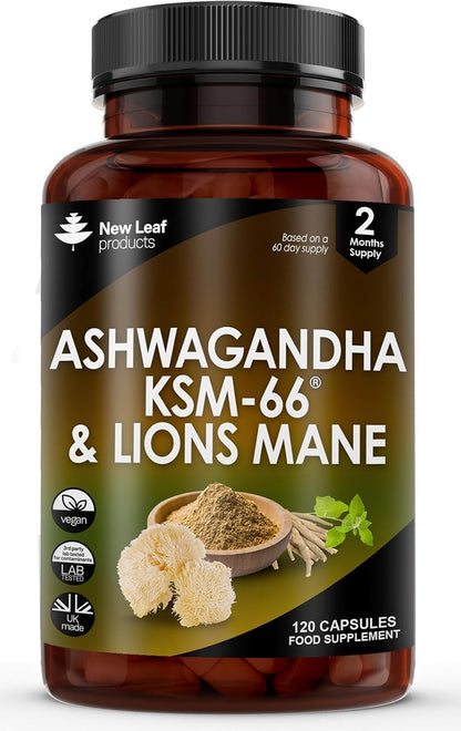 Ashwagandha KSM-66 & Lion’s Mane 2000mg – 120 Vegan Capsules with Black Pepper