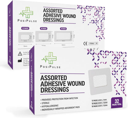 Posi Pulse Assorted Adhesive Wound Dressings - 32 Packs for Protection from Infection, Sterile Individually Wrapped, Hypoallergenic, Breathable, Absorbent for Cuts, Grazes, Ulcers, Sores