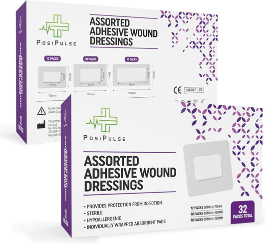Posi Pulse Assorted Adhesive Wound Dressings - 32 Packs for Protection from Infection, Sterile Individually Wrapped, Hypoallergenic, Breathable, Absorbent for Cuts, Grazes, Ulcers, Sores