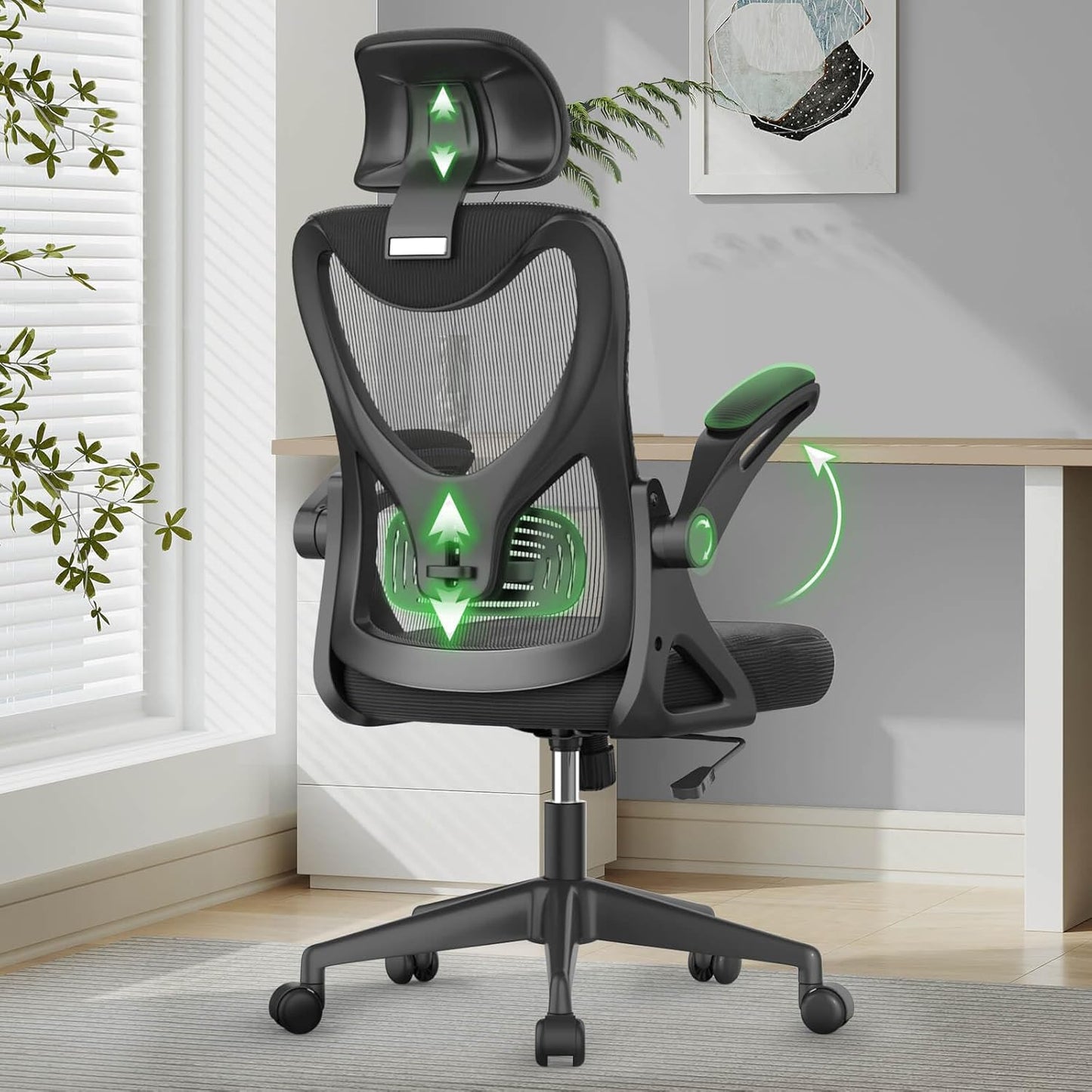 Ergonomic Office Chair with Lumbar Support, Headrest & Flip-Up Arms for Home Desk