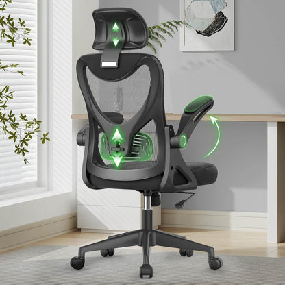 Ergonomic Office Chair with Lumbar Support, Headrest & Flip-Up Arms for Home Desk