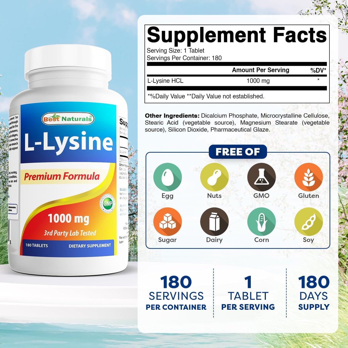 Best Naturals L-Lysine 1000mg – Immune Support Supplement – 180 Tablets