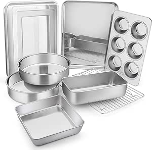 E-far 9-Piece Bakeware Sets, Stainless Steel Baking Pan Set Include 8 Inch Cake Pan, 12.4x9.7 Baking Pan with Lid, 8x8 Baking Pan, Loaf Pan, Muffin Pan, Baking Sheet with Rack, Dishwasher Safe