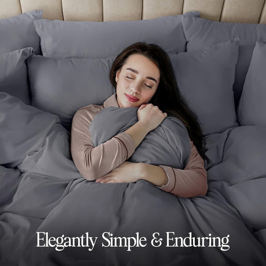 Grey Double Duvet Cover Set – Soft Microfiber Bedding with Pillowcases – Utopia