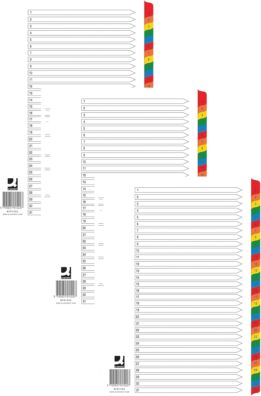 Q-Connect A4 1-31 Divider Tabs – Multicolour, Reinforced, Punched (Pack of 3)