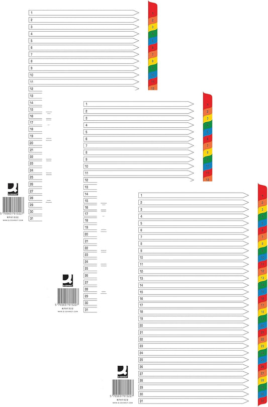 Q-Connect A4 1-31 Divider Tabs – Multicolour, Reinforced, Punched (Pack of 3)