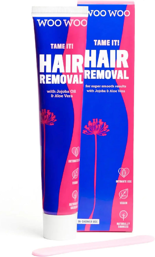 WooWoo Tame It! Natural Intimate Hair Removal Cream – Painless Vegan Depilatory for Sensitive Skin, Genitals, Bikini, Legs & Bum – Aloe Vera In-Shower Formula – 100ml