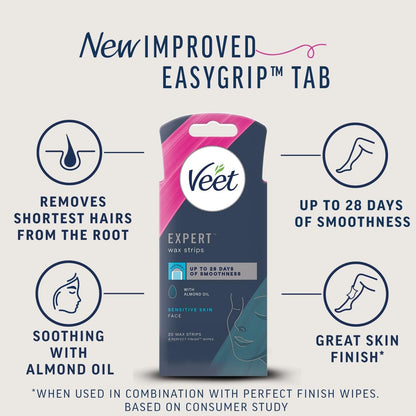 Veet Wax Strips for Sensitive Skin – 20 Cold Strips + 4 Wipes for Facial & Eyebrow