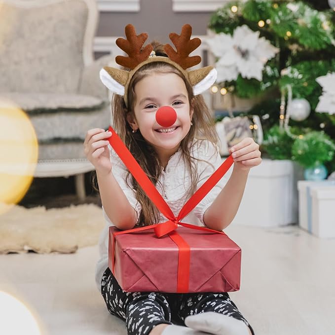 Reindeer Antlers, Christmas Headbands Animal Ears Hairband with Red Nose Halloween Deer Headwear Festive Cosplay Party for Adults Women Girl Kids, Brown