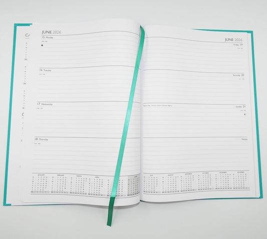 2026 A4 Week to View Diary Colour Fashion A4 2026 WTV Year Planner Desk Diary Ribbon Marker, Turquoise