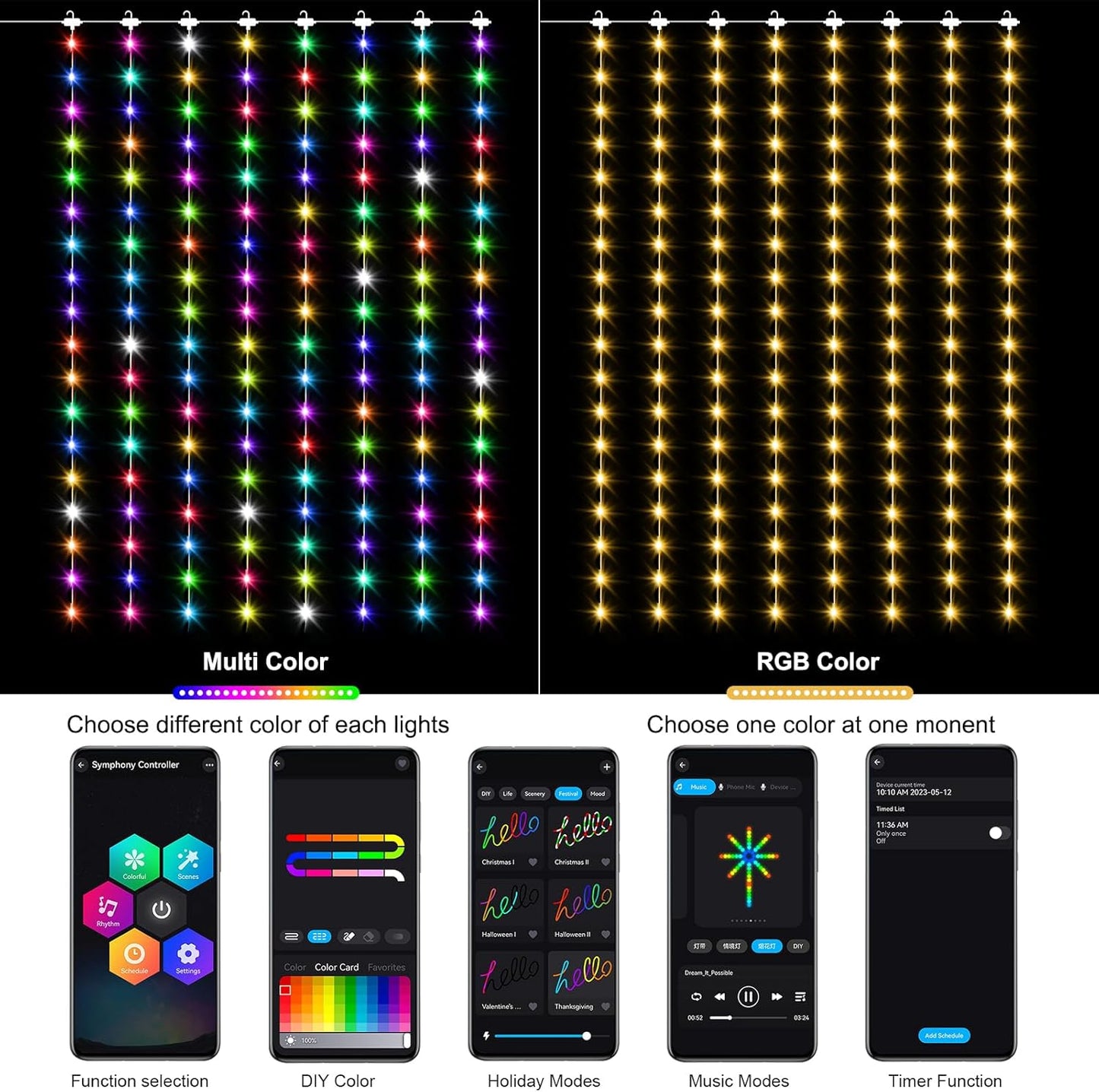 ZAIYW 144 LED Intelligent Light Curtain RGB 5050 with Integrated Chip, 2.4M x 1.8M Curtain Fairy Lights Remote Control and APP Control, Fairy Lights Curtain Indoor for Background Terrace Bedroom [Energy Class C]