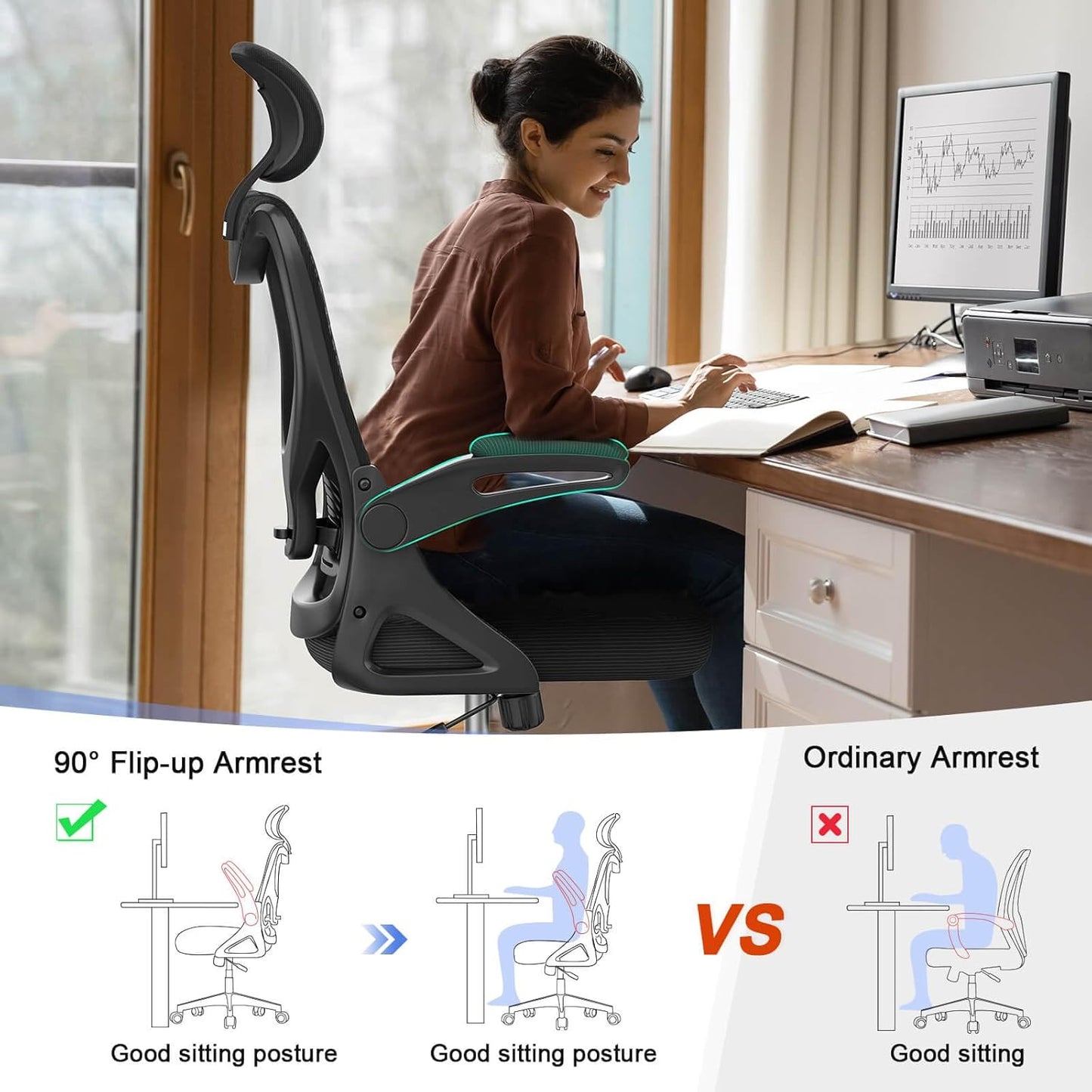 Ergonomic Office Chair with Lumbar Support, Headrest & Flip-Up Arms for Home Desk