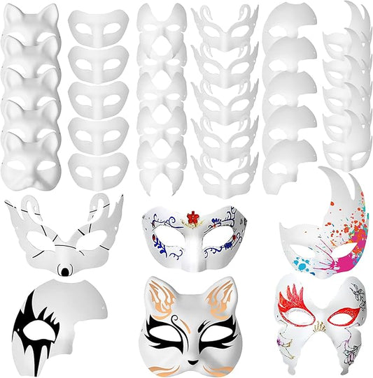 30Pcs White Paper Mache Masks, DIY Paintable Art Cosplay Masks Half Face Party Craft Blank Paper Mask (6 Styles)