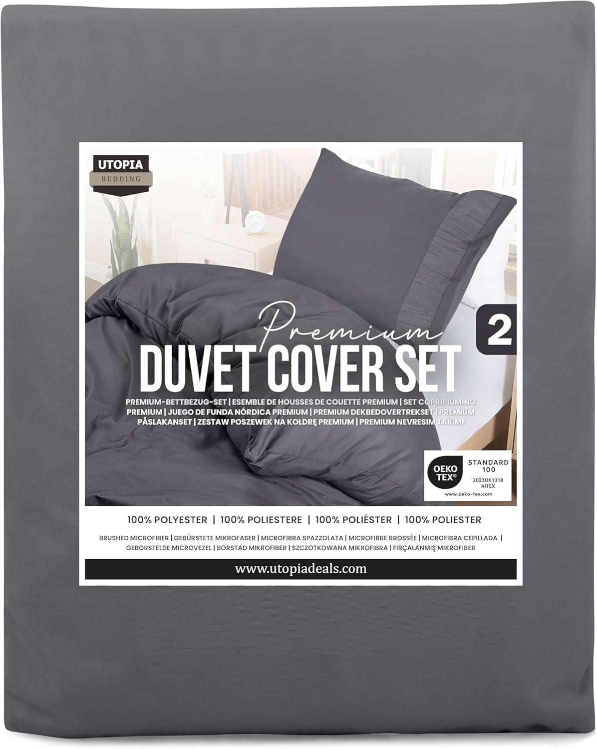 Grey Double Duvet Cover Set – Soft Microfiber Bedding with Pillowcases – Utopia
