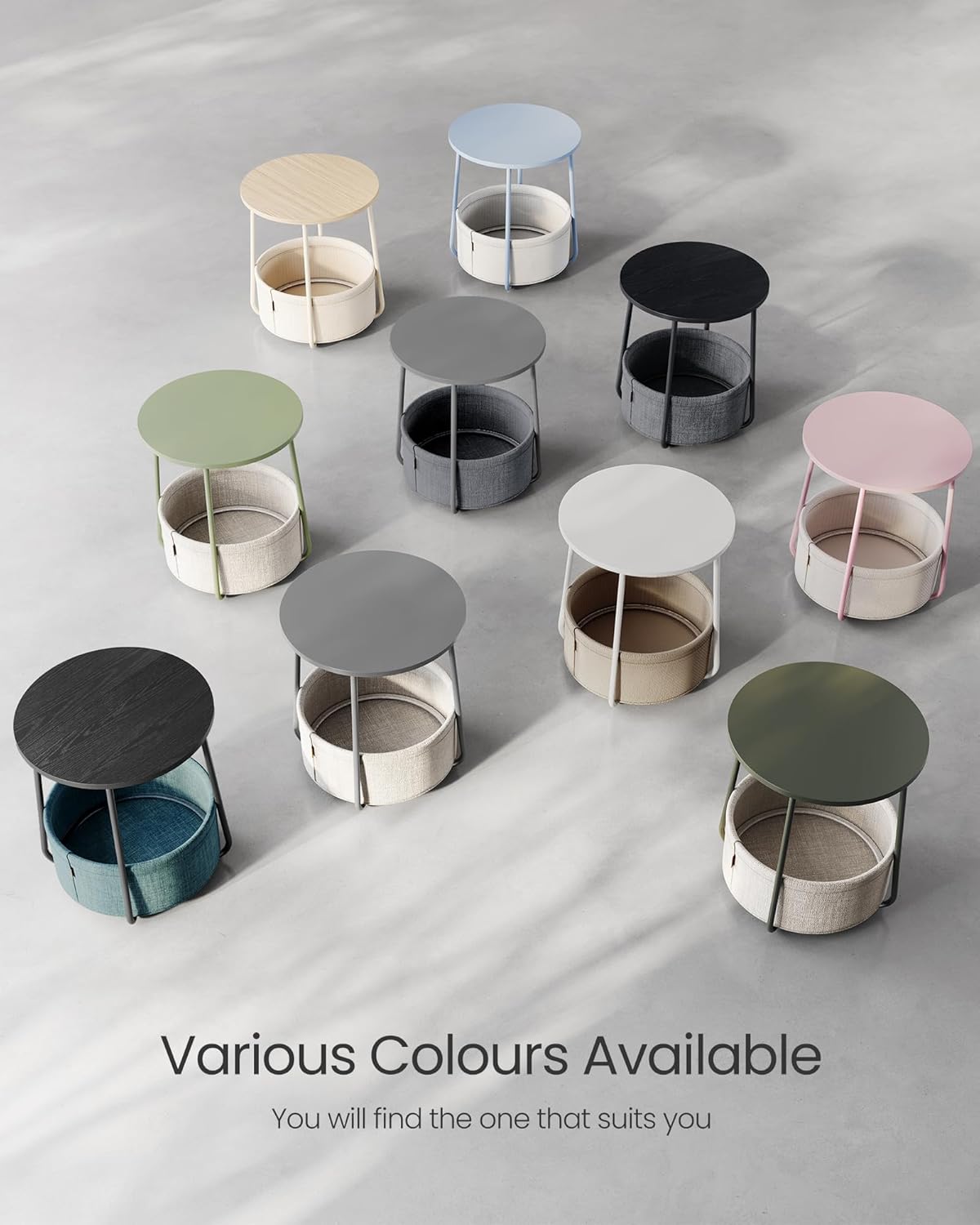 Modern Round Side Table with Storage Basket – Bedside or Living Room Use
