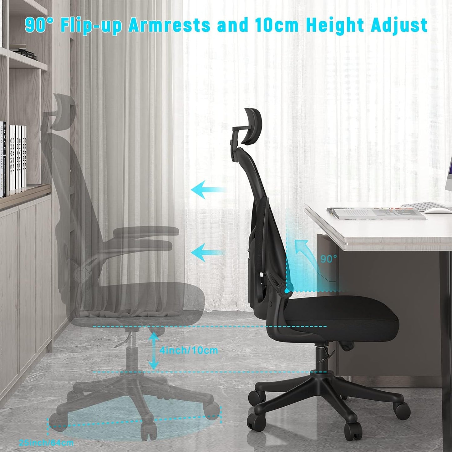 Ergonomic High Back Office Chair with Lumbar Support & Flip-Up Arms for Home Desk