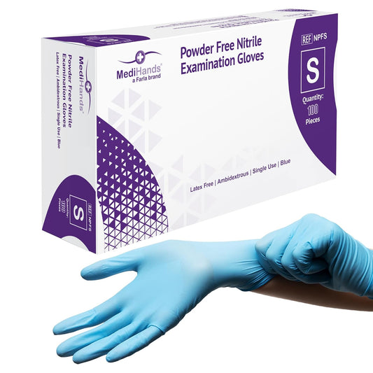 MediHands Nitrile Gloves - Small, Blue, Heavy Duty, Powder-Free, Latex-Free, 100 Pack