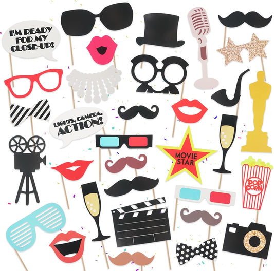 Movie Photo Props Kit - 33-Piece DIY Mustache Glasses Camera Lips Sign & Clapboard for Movie Night Party