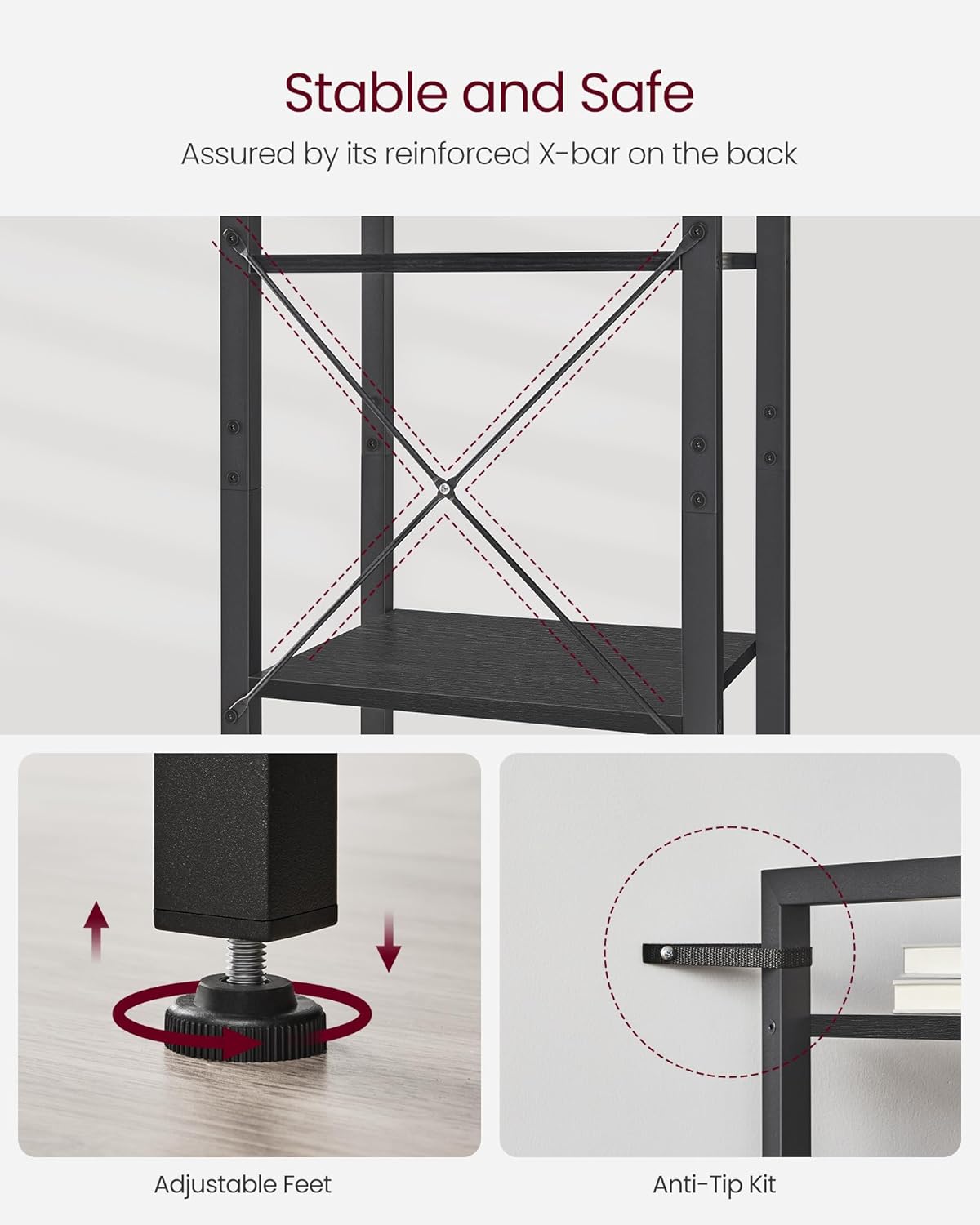 VASAGLE 6-Tier Industrial Bookshelf – Tall Ebony Black Metal Bookcase for Living Room, Office, Bedroom, Study – 30 x 40 x 187.5 cm