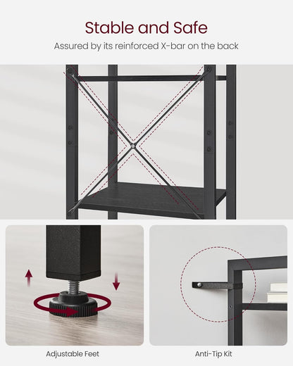 VASAGLE 6-Tier Industrial Bookshelf – Tall Ebony Black Metal Bookcase for Living Room, Office, Bedroom, Study – 30 x 40 x 187.5 cm