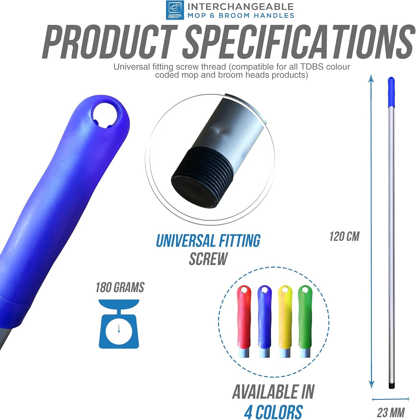 Colour Coded Mop and Broom Handle Replacement – 120cm Long Aluminium Mop and Broom Handle Screw End, Interchangeable That Fits Most Mop (Blue)