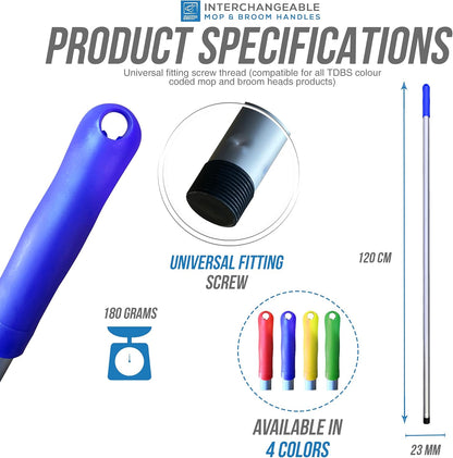 Colour Coded Mop and Broom Handle Replacement – 120cm Long Aluminium Mop and Broom Handle Screw End, Interchangeable That Fits Most Mop (Blue)