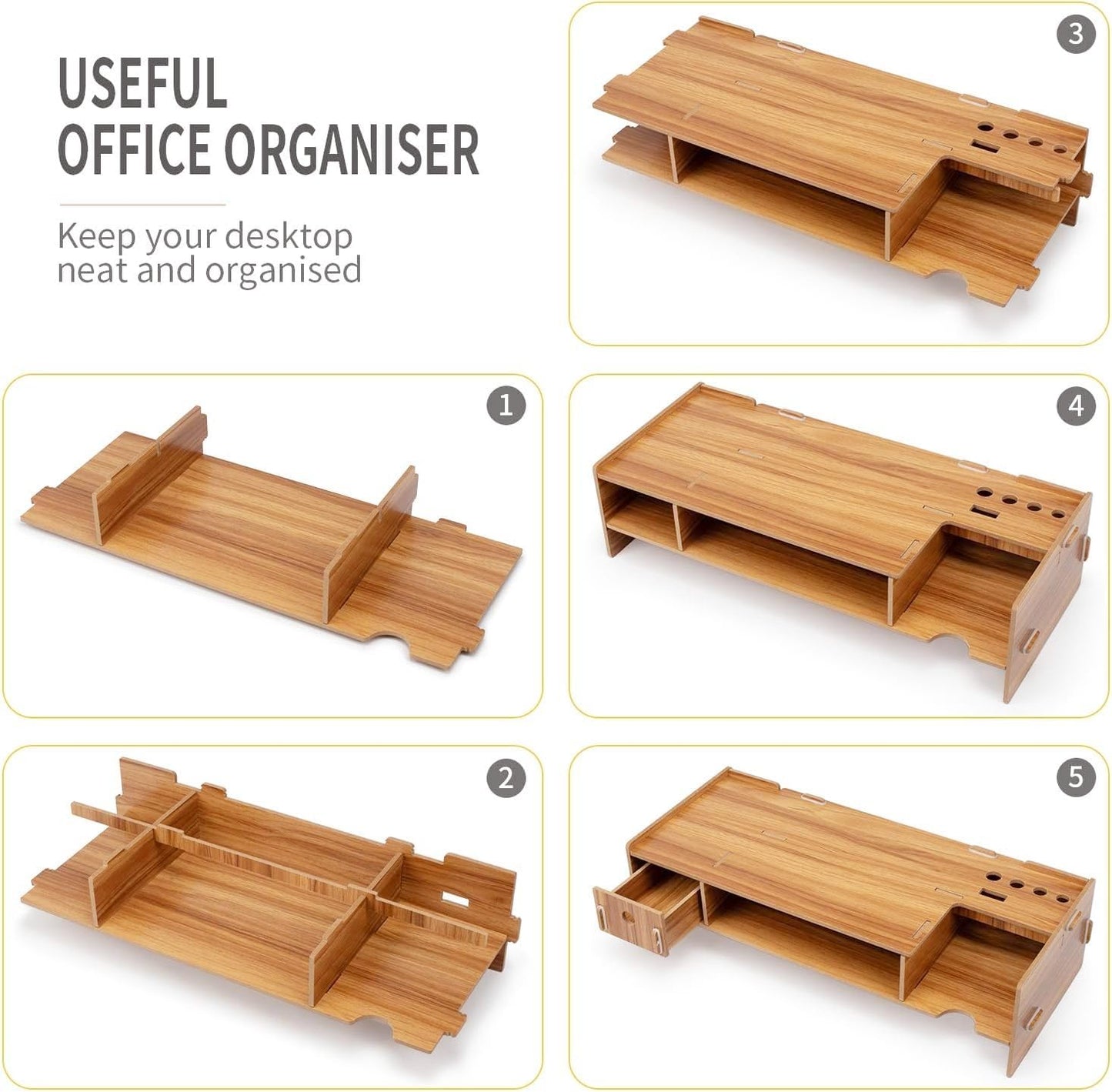 Tonsmile Wood Monitor Stand, Wooden Office Desk Desktop Storage Organiser Computer Screen Monitor Riser with Drawer (W480 x D200 x H120mm)
