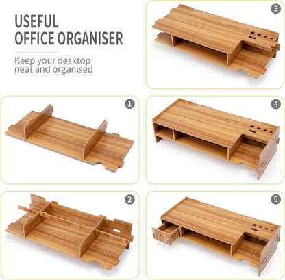 Tonsmile Wood Monitor Stand, Wooden Office Desk Desktop Storage Organiser Computer Screen Monitor Riser with Drawer (W480 x D200 x H120mm)